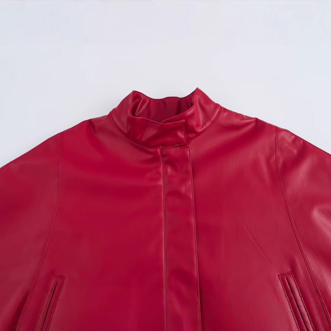 Red Leather-Style Short Cape Jacket For Women, Greenwich Village, BYMANYC New York.-2
