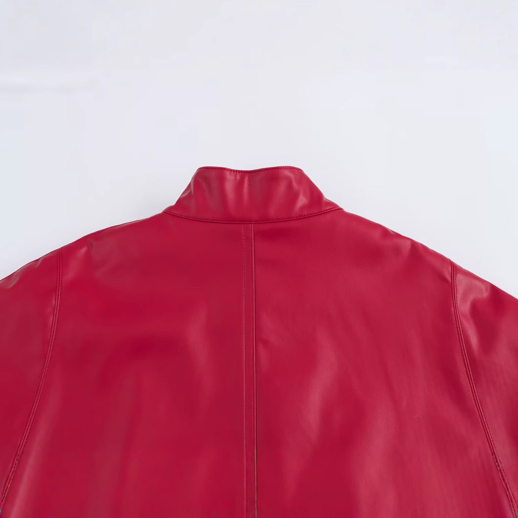 Red Leather-Style Short Cape Jacket For Women, Greenwich Village, BYMANYC New York.-4