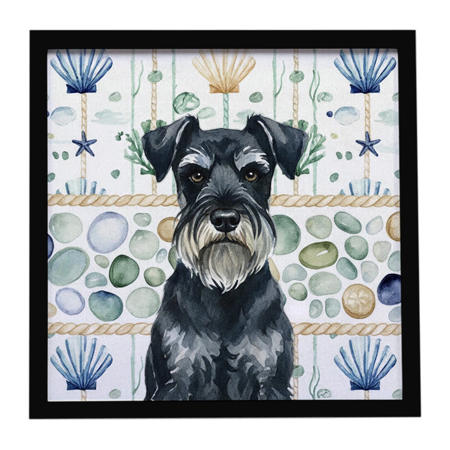 Standard Schnauzer Coastal Sea Glass Framed Metal Print
