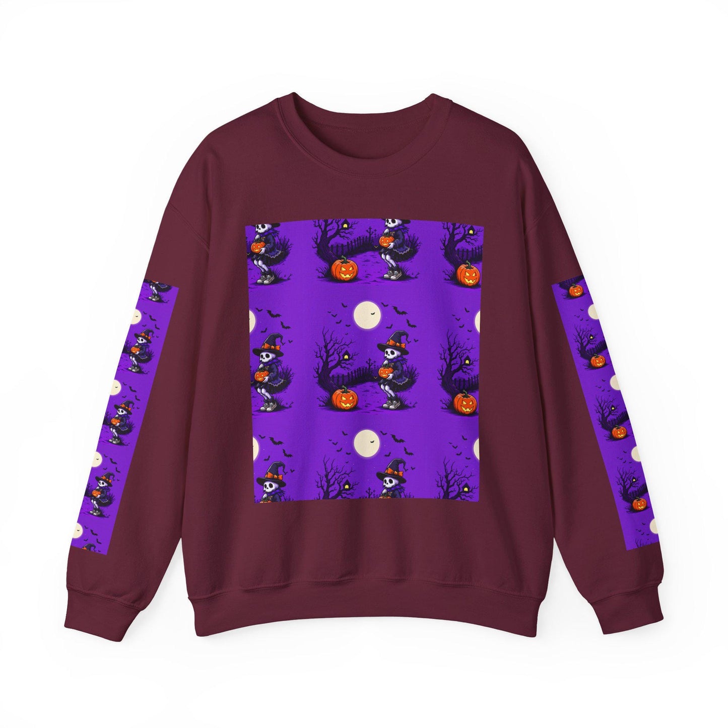 Halloween Crewneck Sweatshirt: Whimsical Pumpkin Skeleton Design