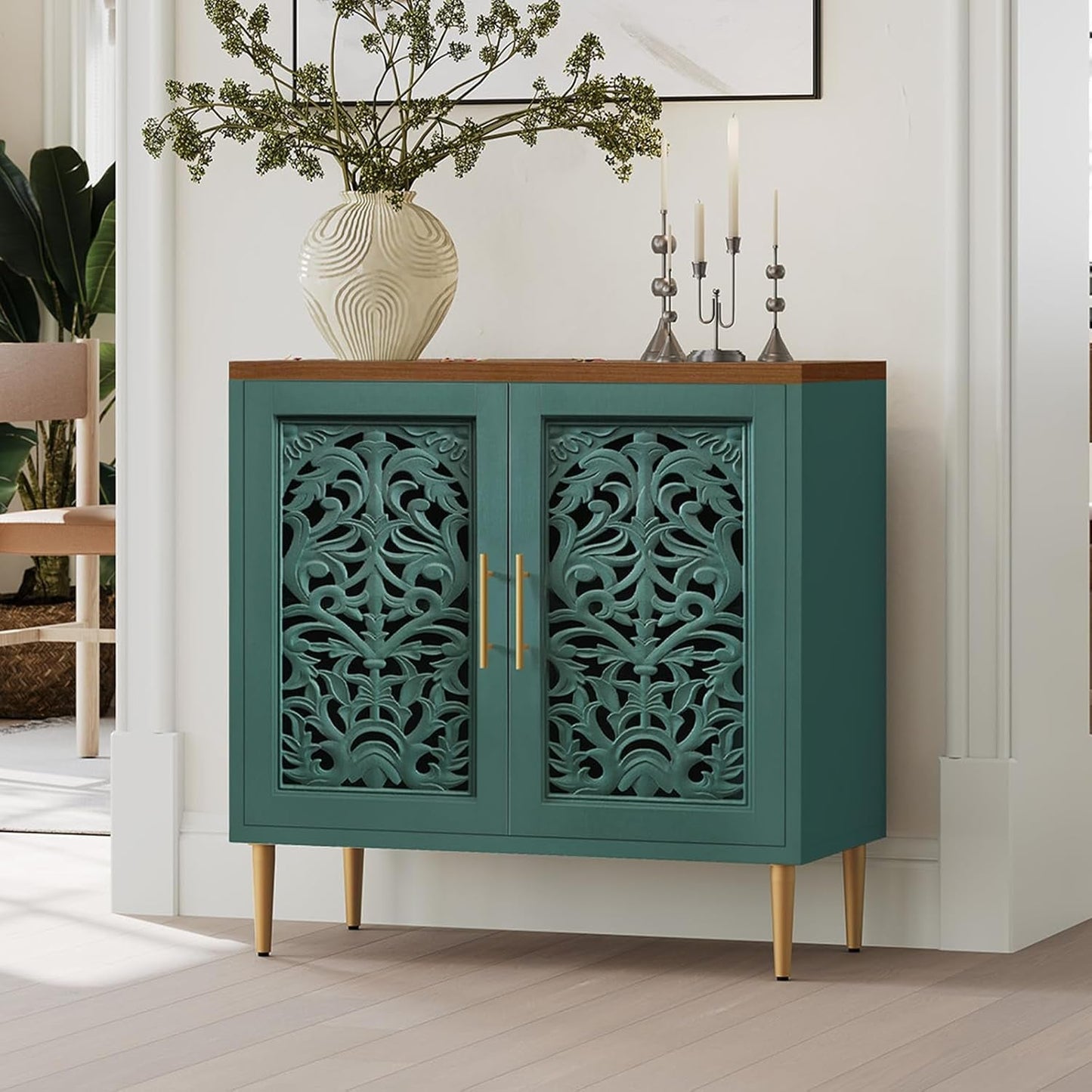 Green Accent Cabinet Carved Storage Vintage Furniture