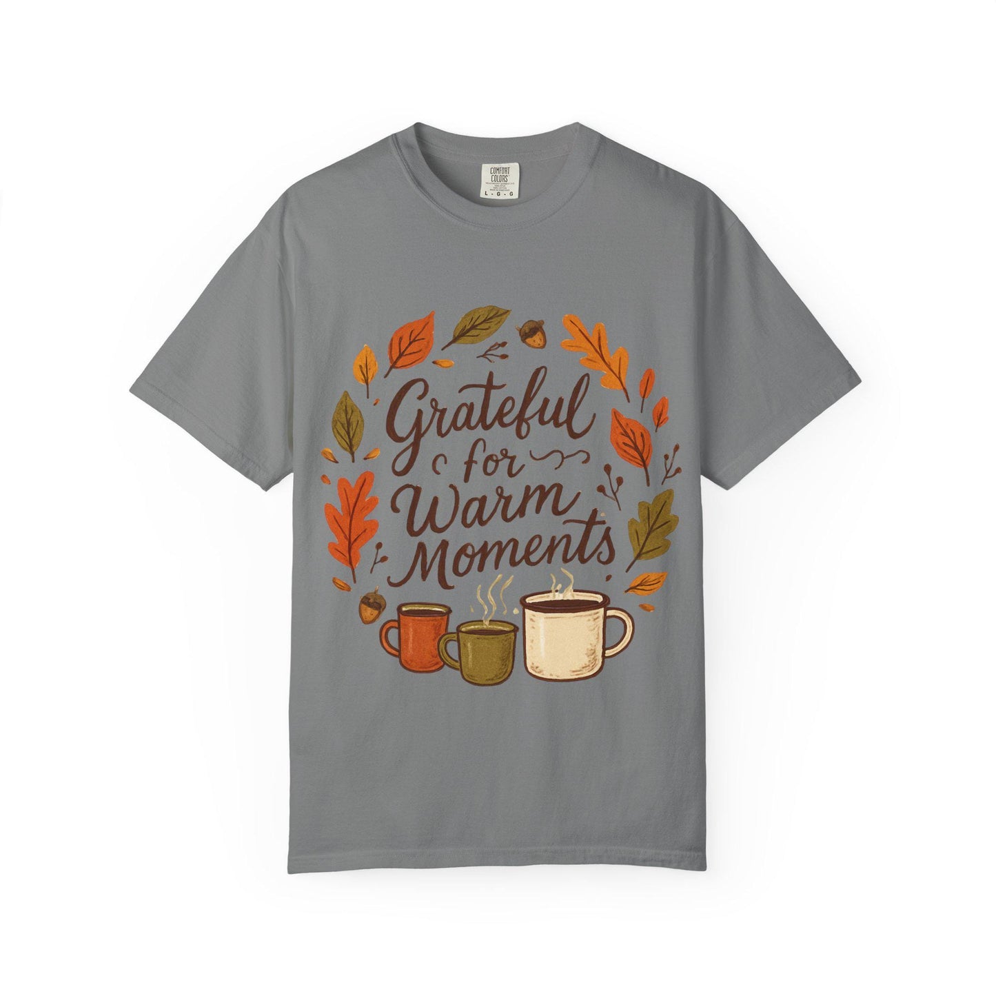Grateful for Warm Moments T-shirt | Autumn mugs and leaves design