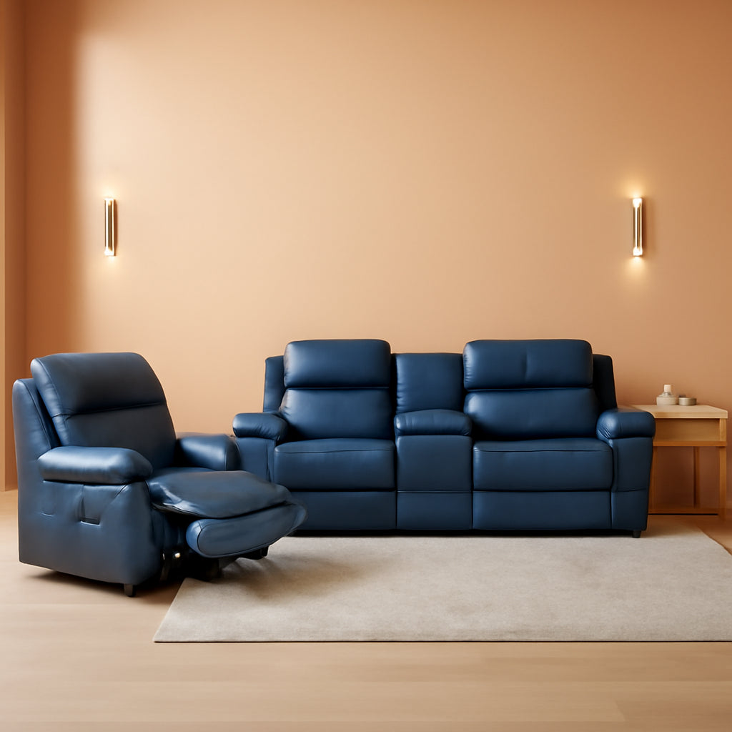 Manual Leather Recliner Sofa Set Blue Living Room Furniture-0
