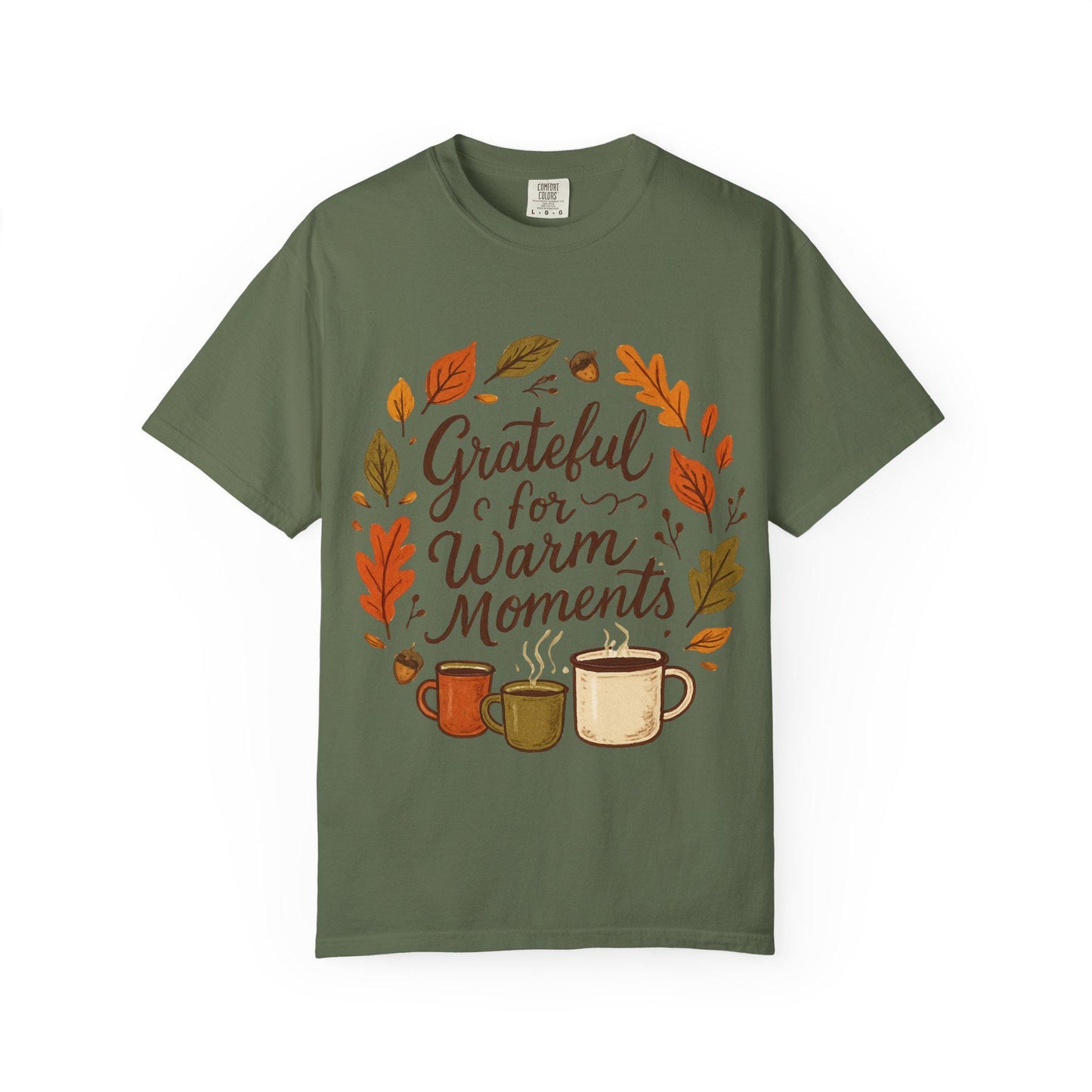 Grateful for Warm Moments T-shirt | Autumn mugs and leaves design