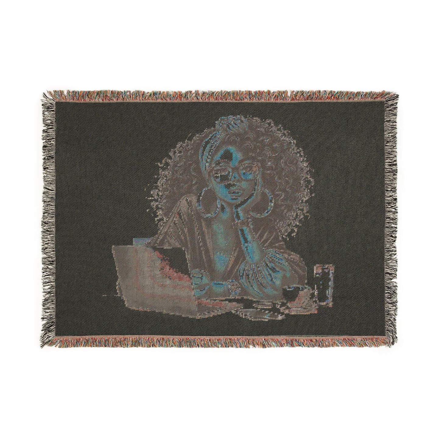 Woven Cotton Throw Blanket: Afro Woman Art, Colorful Fringe Edges