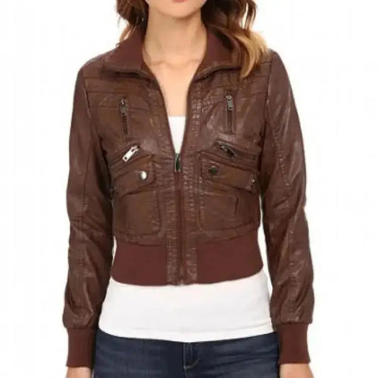 Women’s Brown Leather Bomber Jacket