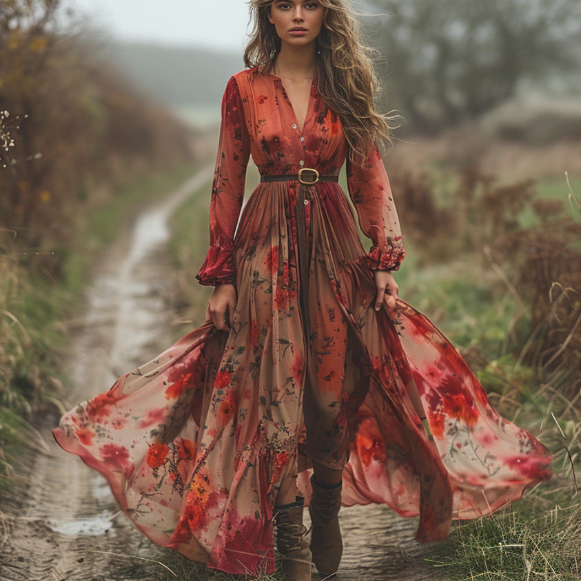 Women's Digital Print Wide V-neck Dress