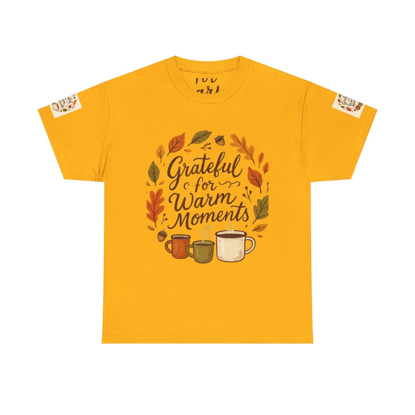 Grateful for Warm Moments Tee | Autumn Leaves, Coffee Mugs, Cozy Fall Design