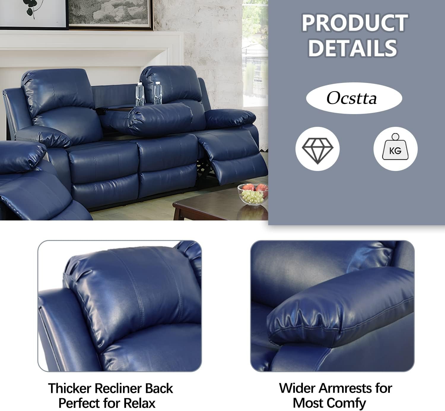 Manual Leather Recliner Sofa Set Blue Living Room Furniture-3
