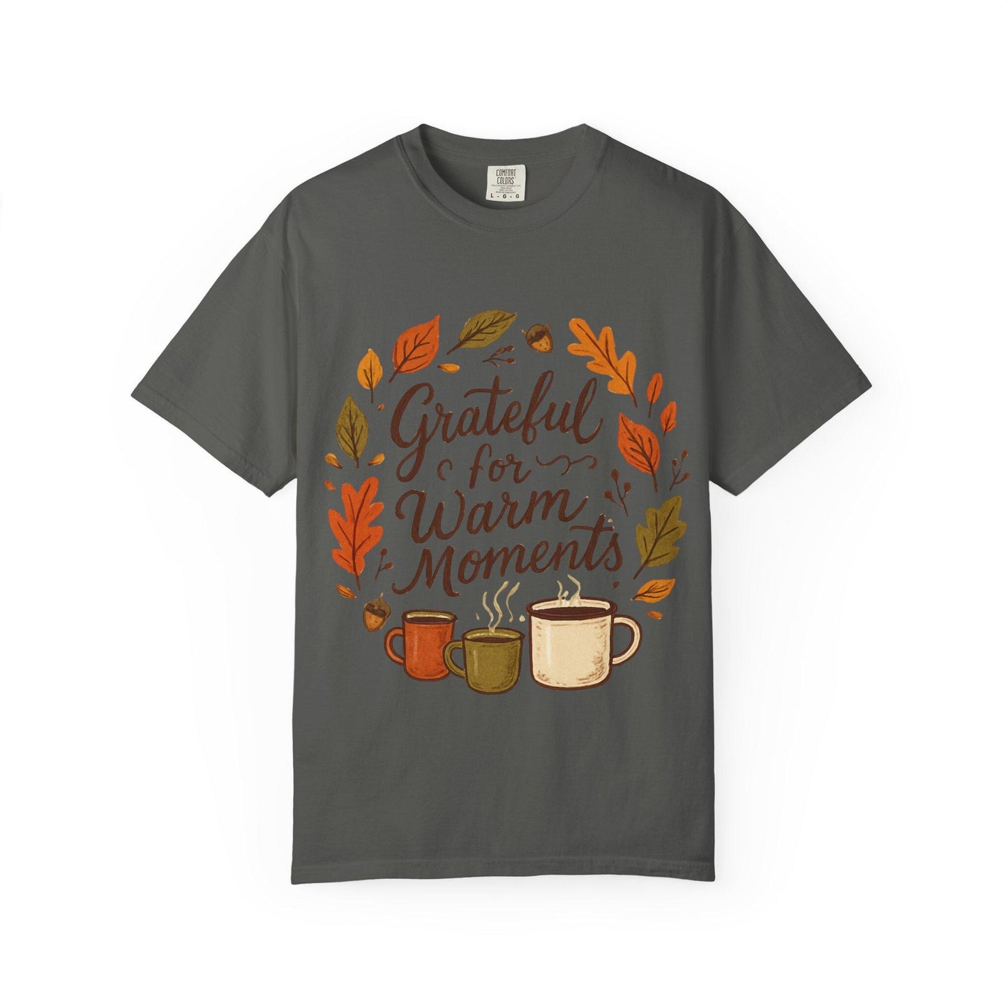Grateful for Warm Moments T-shirt | Autumn mugs and leaves design