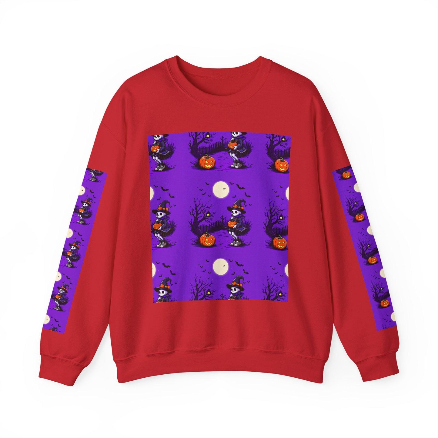 Halloween Crewneck Sweatshirt: Whimsical Pumpkin Skeleton Design