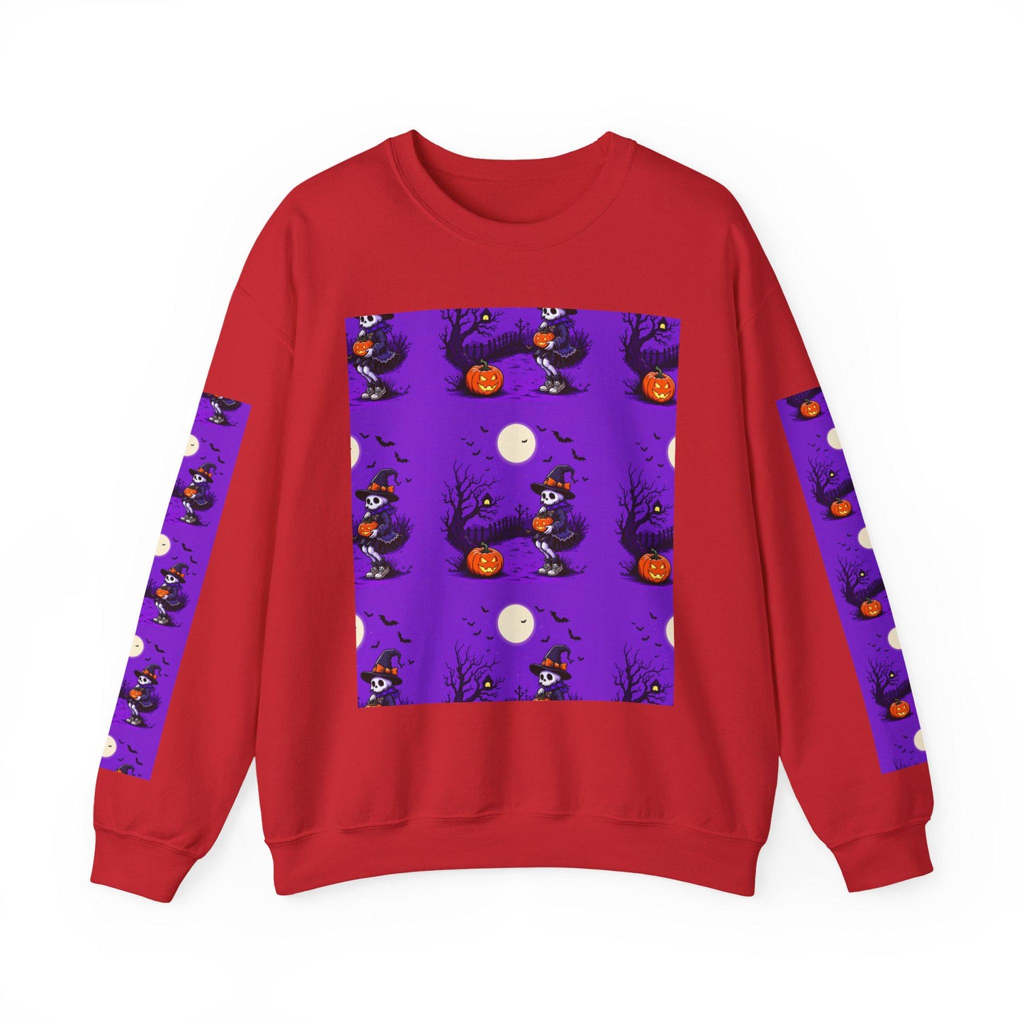 Halloween Crewneck Sweatshirt: Whimsical Pumpkin Skeleton Design