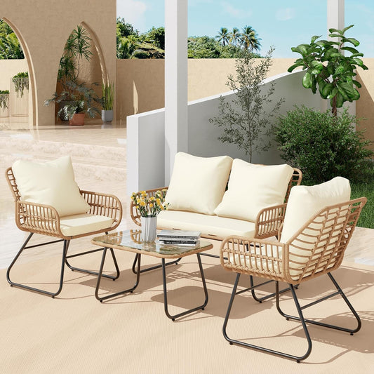 Stylish Four-Piece Outdoor Rattan Furniture Set with Cushions-0