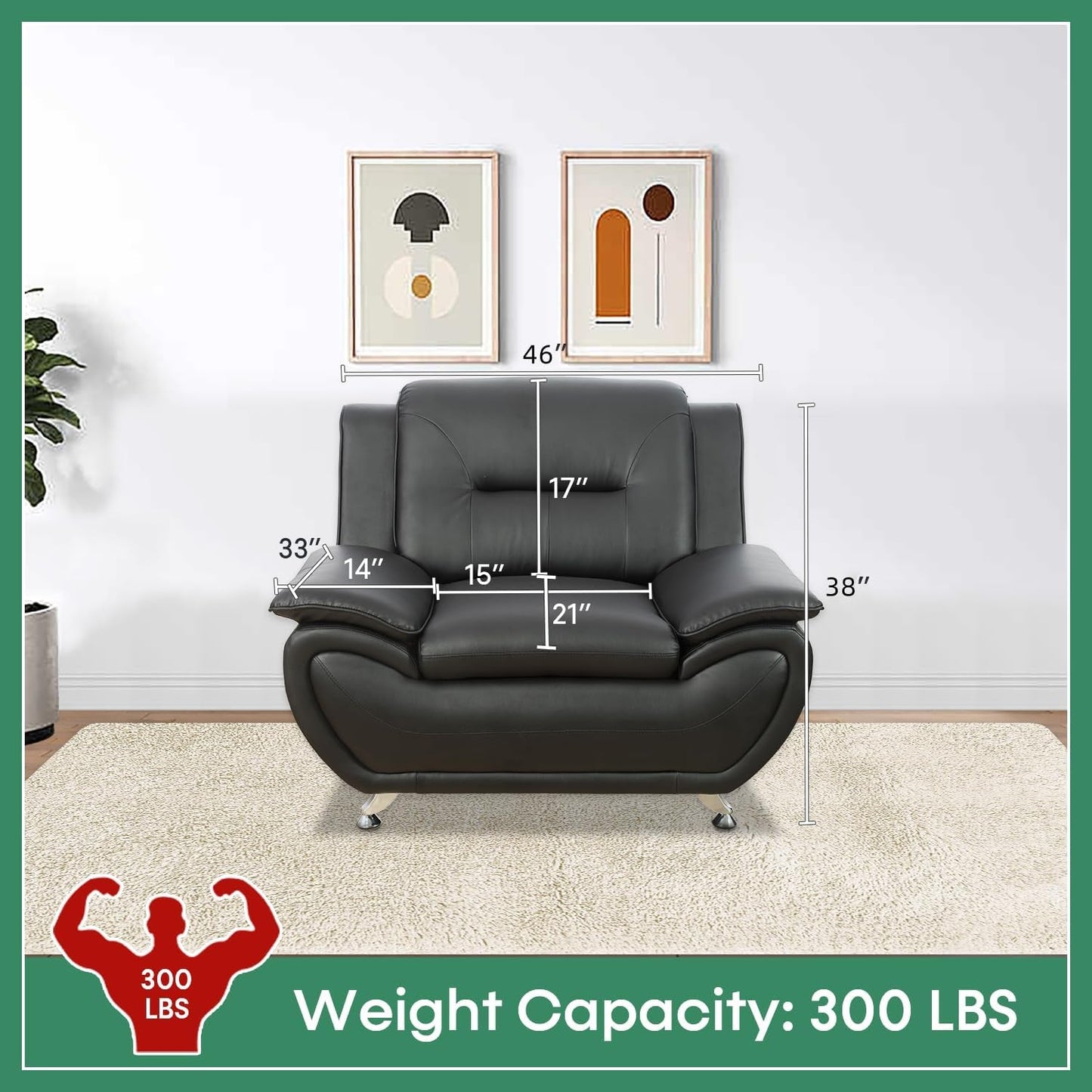 Leather Sofa Set 3 Piece Black Living Room Furniture-2