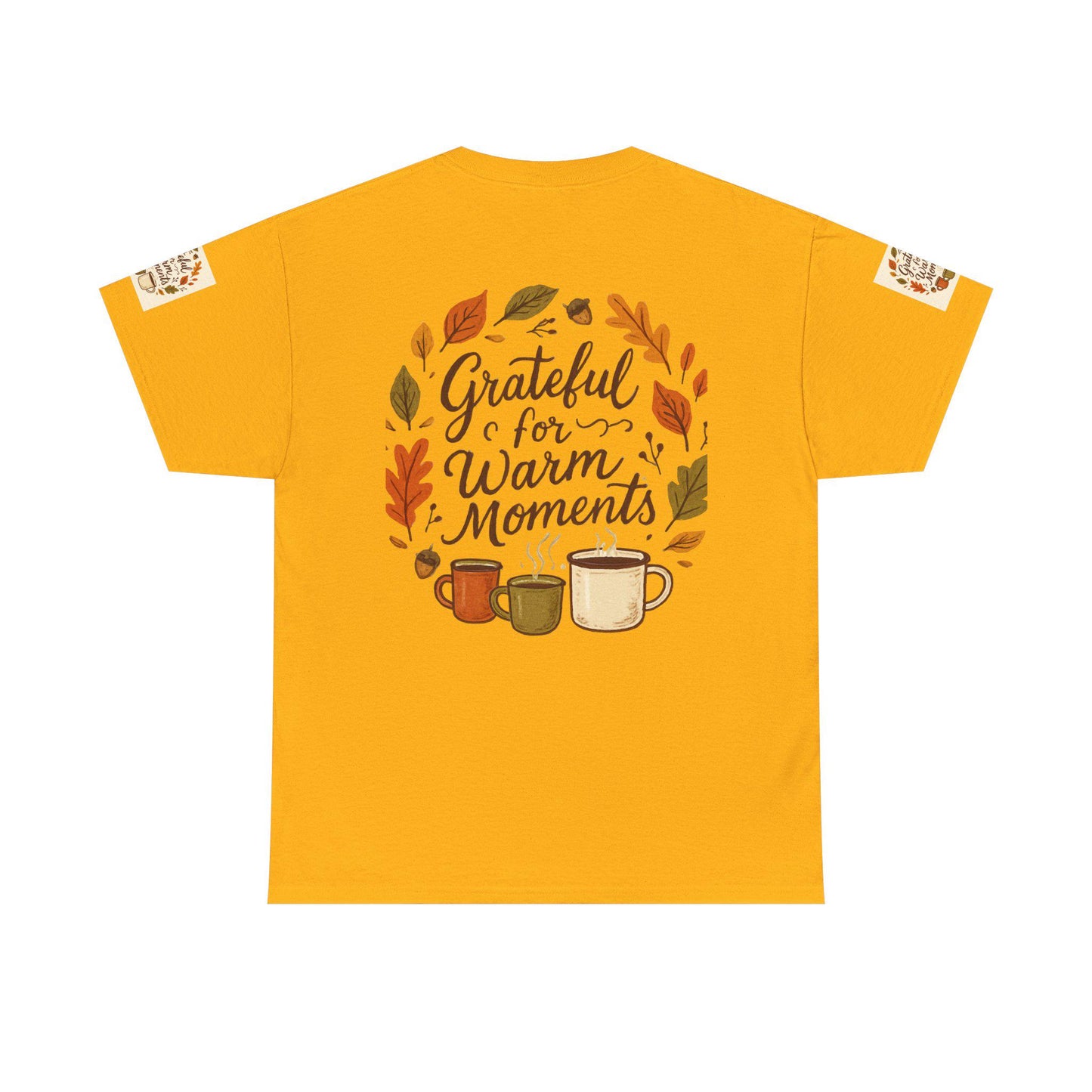 Grateful for Warm Moments Tee | Autumn Leaves, Coffee Mugs, Cozy Fall Design