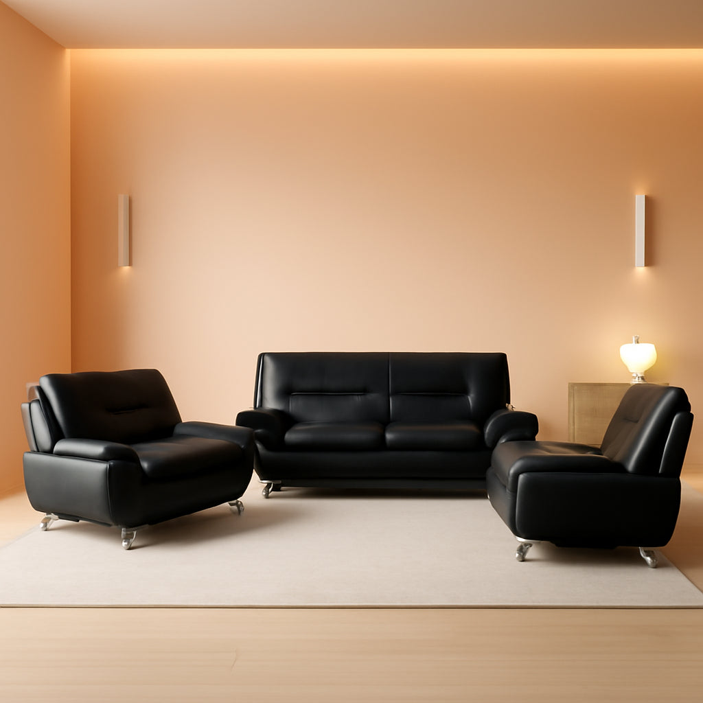 Leather Sofa Set 3 Piece Black Living Room Furniture-0