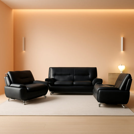 Leather Sofa Set 3 Piece Black Living Room Furniture-0