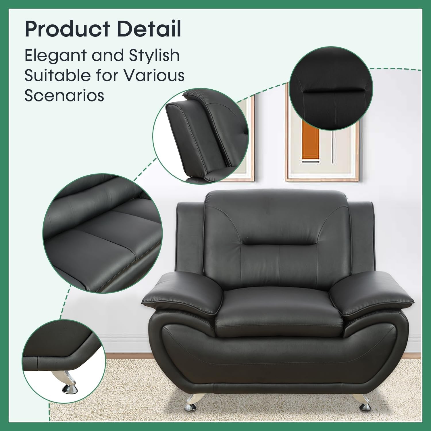 Leather Sofa Set 3 Piece Black Living Room Furniture-4