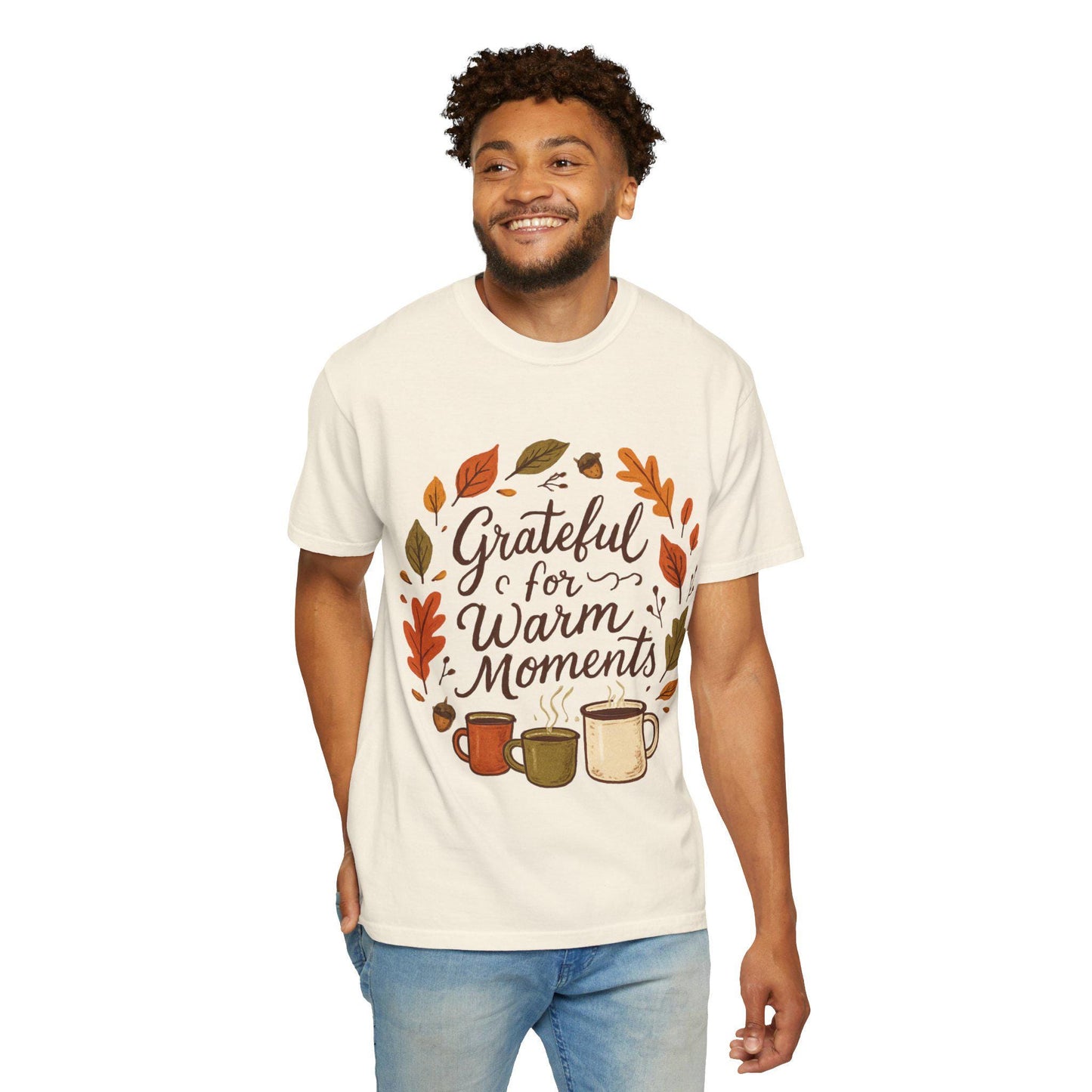 Grateful for Warm Moments T-shirt | Autumn mugs and leaves design