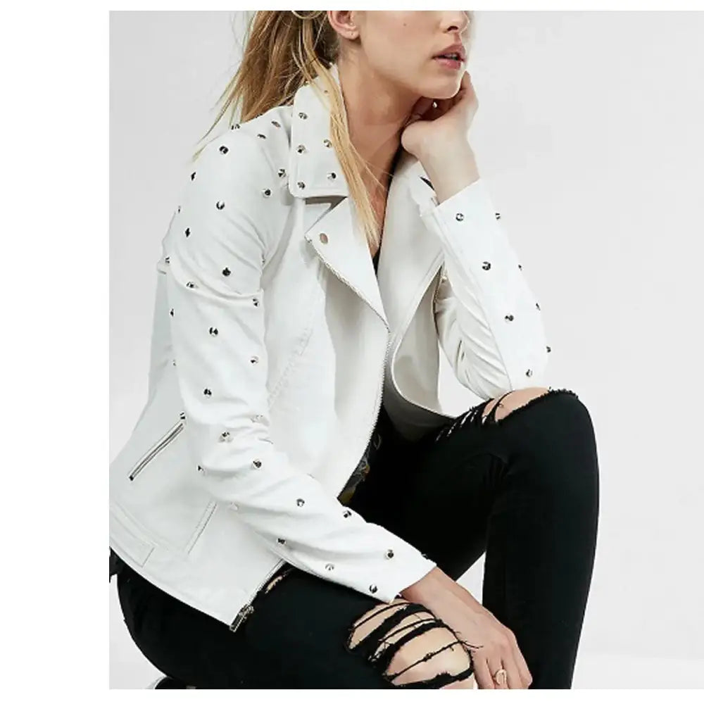 Women’s White Studded Leather Jacket
