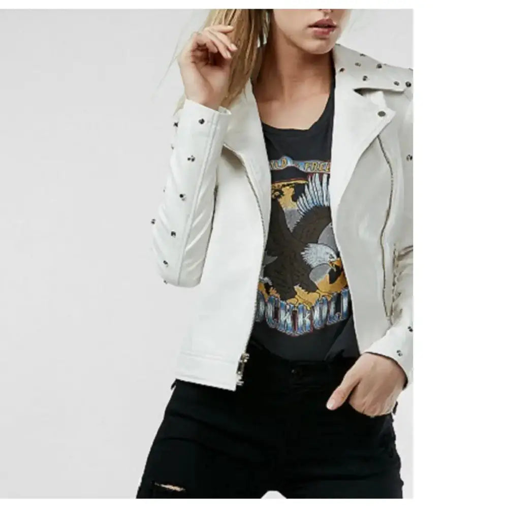 Women’s White Studded Leather Jacket