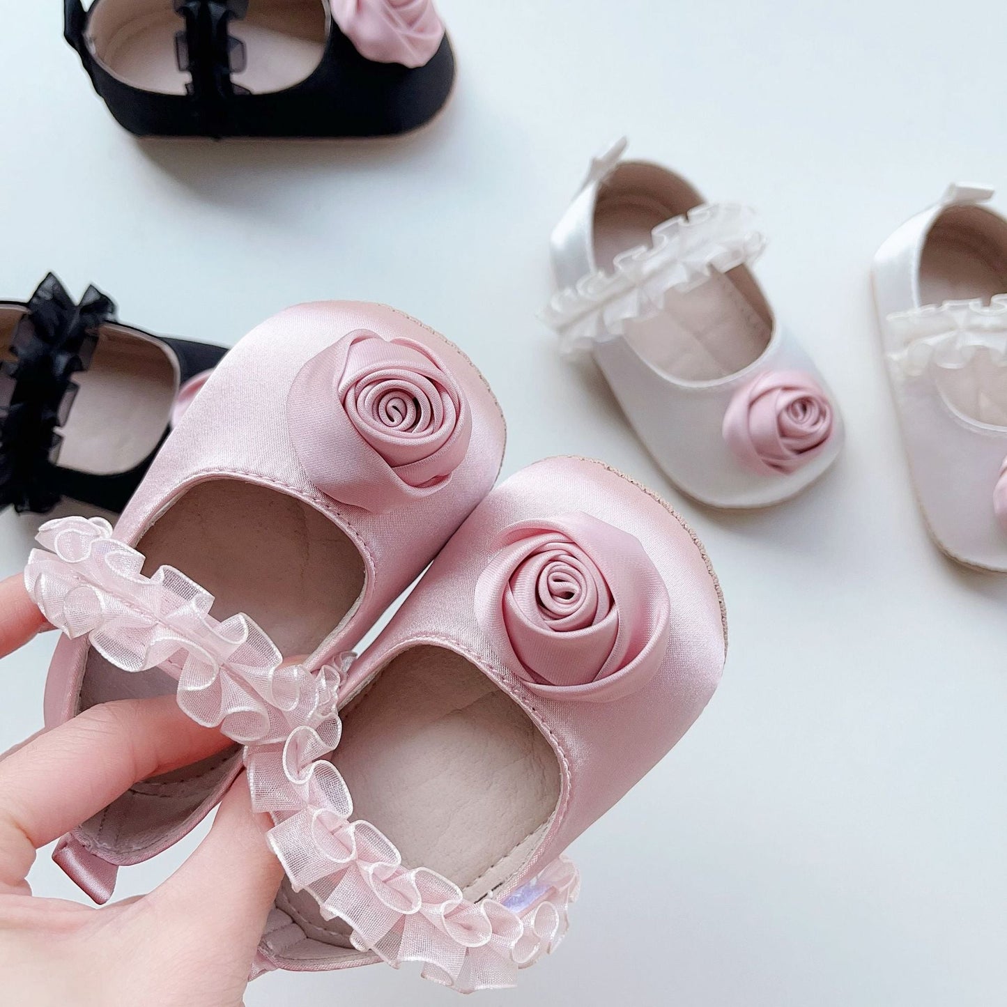 Arrival Baby Girl 3D Flower Ruffle Lace Toddler Soft-Sole Anti-Slip Walking Shoes-3