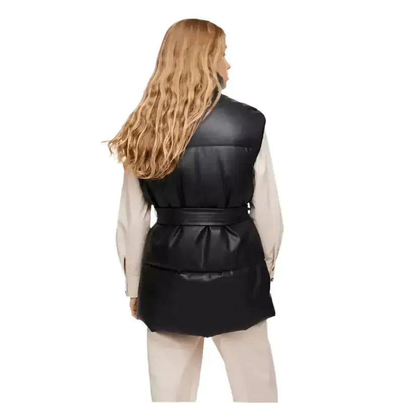 Women’s Black Leather Puffer Vest