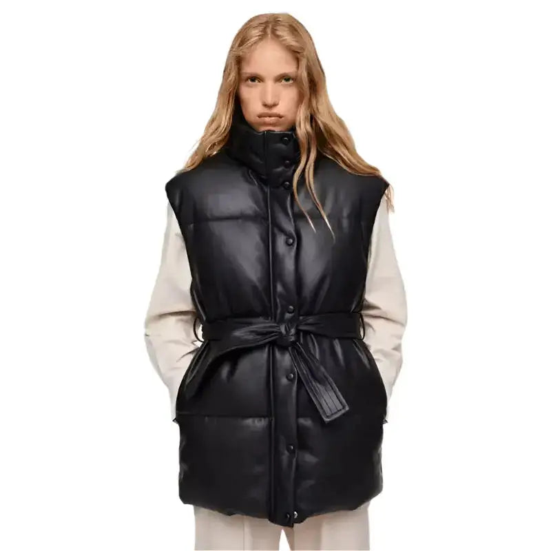 Women’s Black Leather Puffer Vest