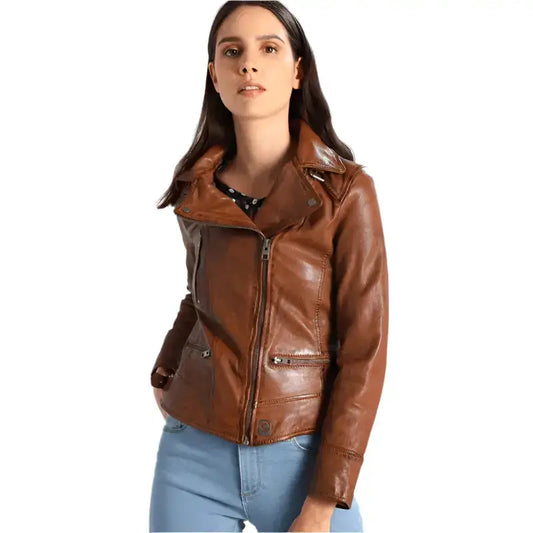 Women’s Brown Leather Biker Jacket